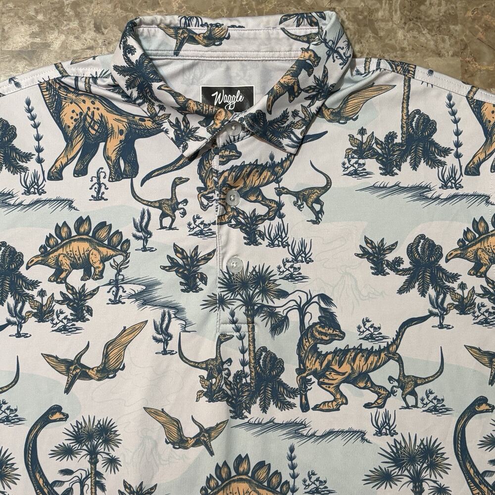 Waggle Polo Shirt Mens Large White Dinosaurs Short Sleeve Golf Performance